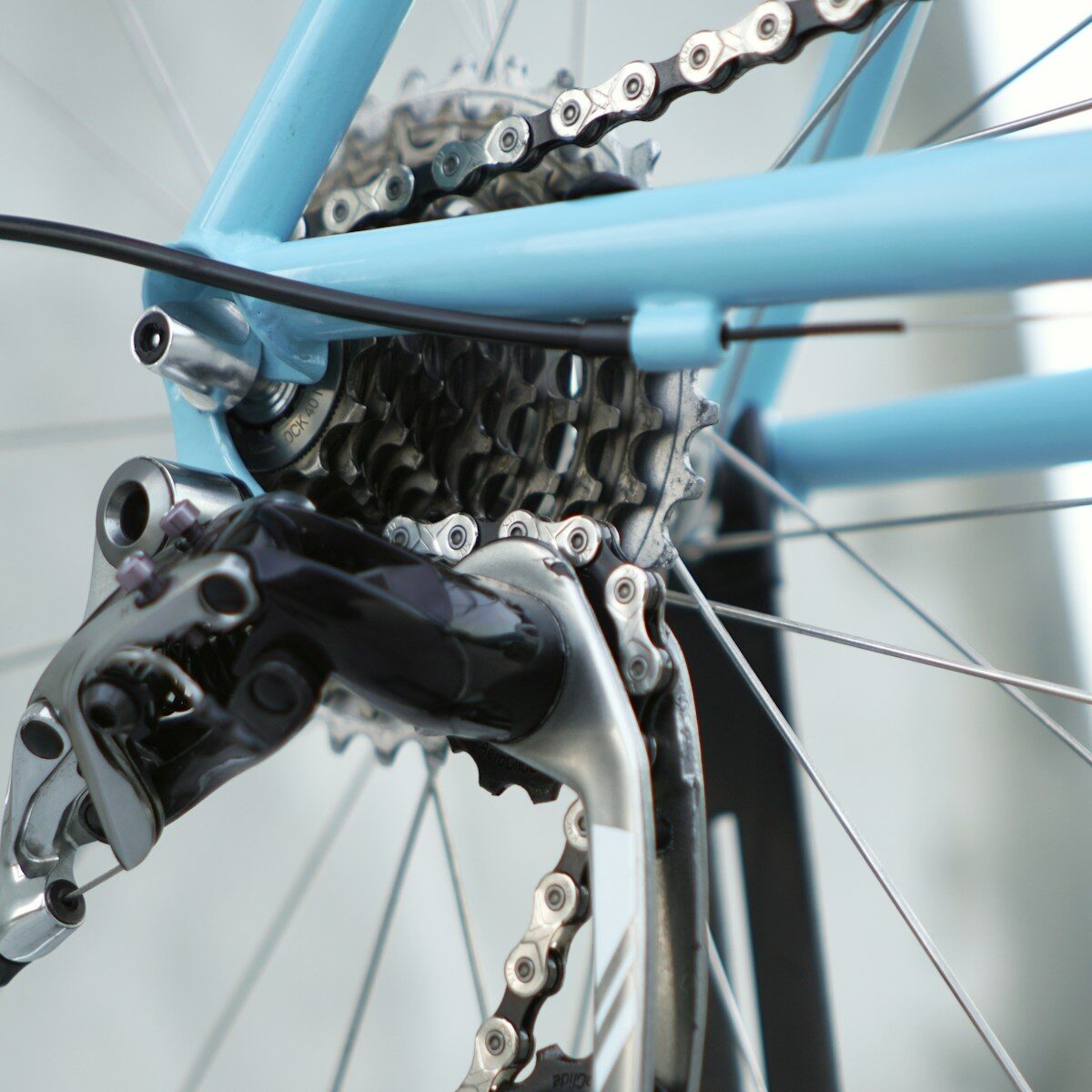 A close up of a bike's chain and gear